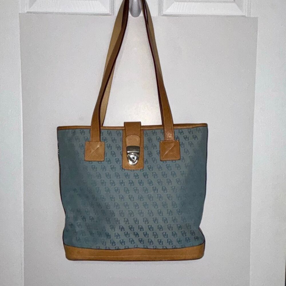 Dooney & Bourke vintage signature logo blue shopper tote medium leather/canvas